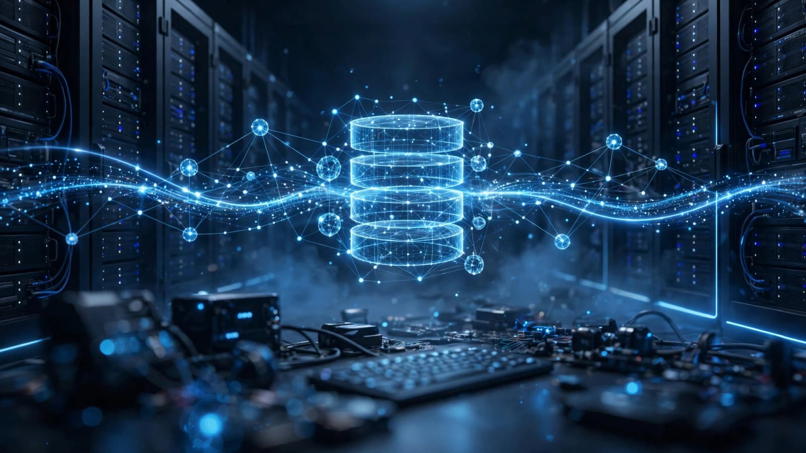 Server racks with a glowing database and data streams