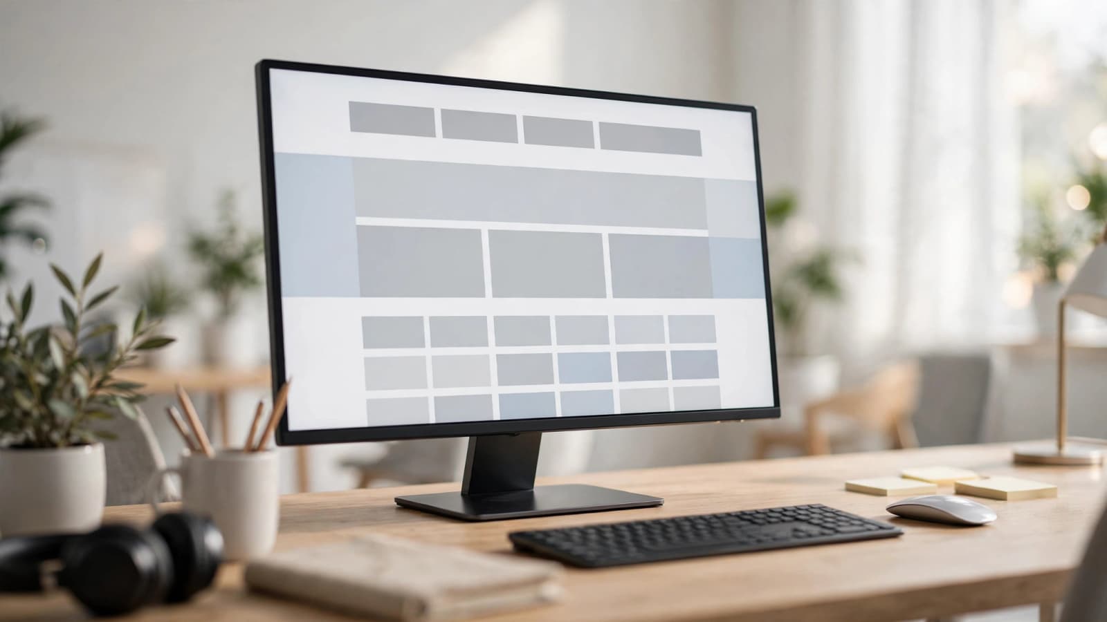 Illustrative photo: web designer workspace with a website layout on screen