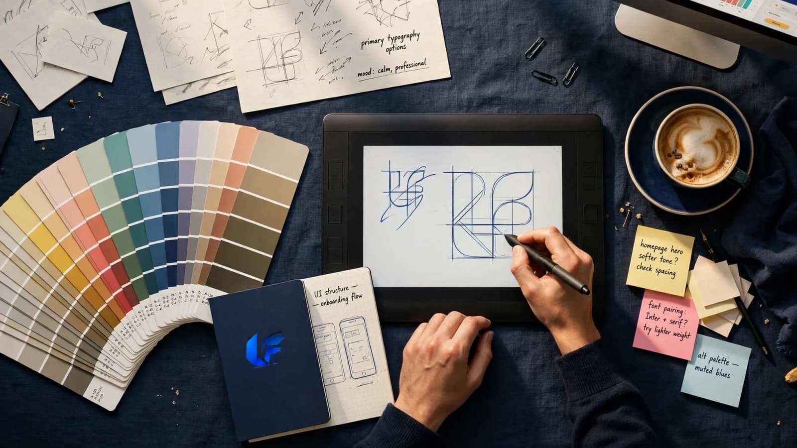 A designer comparing colour swatches against printed artwork